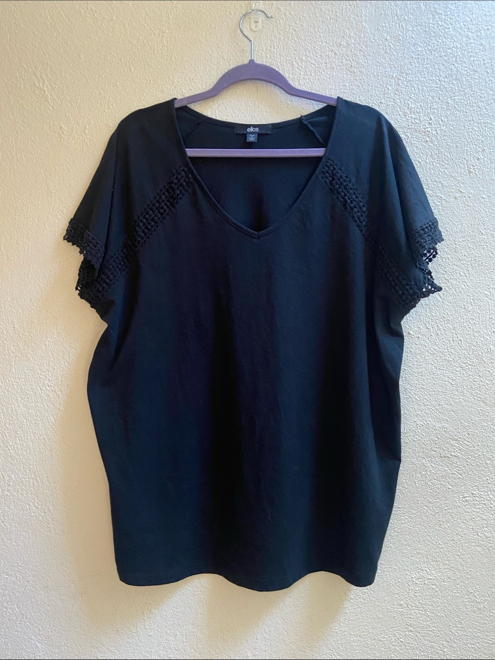 Ellos Black V-Neck Top with Crochet Sleeve Detail
